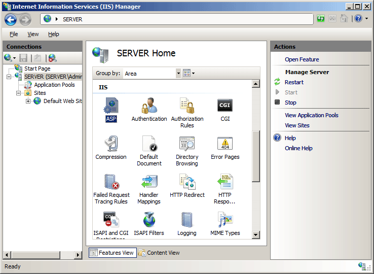 Screenshot that shows the Server Home pane. A S P is selected.