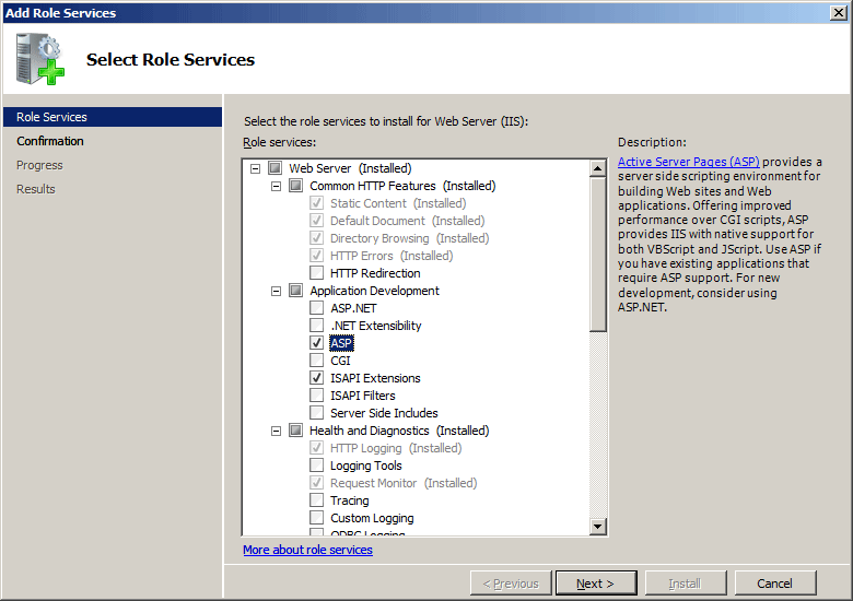 Screenshot of Select Role Services page of the Add Role Services Wizard displaying A S P selected.