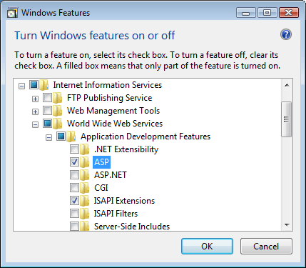 Screenshot of Turn Windows features on or off page displaying Application Development Features pane expanded and A S P selected.