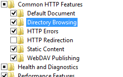 Screenshot of the Common H T T P Features folder and its contained folders, including the highlighted Directory Browsing Folder.