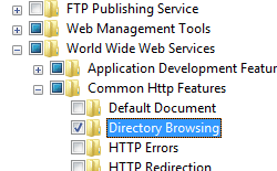 Screenshot of the Common H t t p Features folder with the Directory Browsing folder being selected and highlighted.