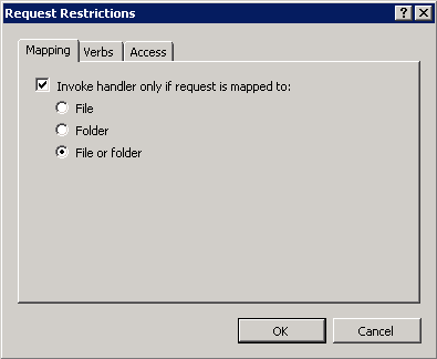 Screenshot that shows the Request Restrictions dialog box, with File or Folder selected.