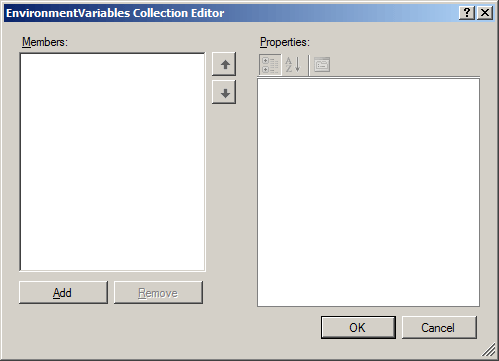 Screenshot that shows the Environment Variables Collection Editor dialog box with empty fields.