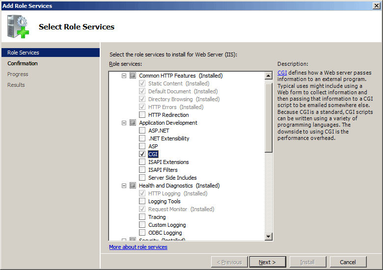Screenshot that shows the Select Role Services page in the Add Role Services dialog box for Windows Server 2008. C G I is selected.