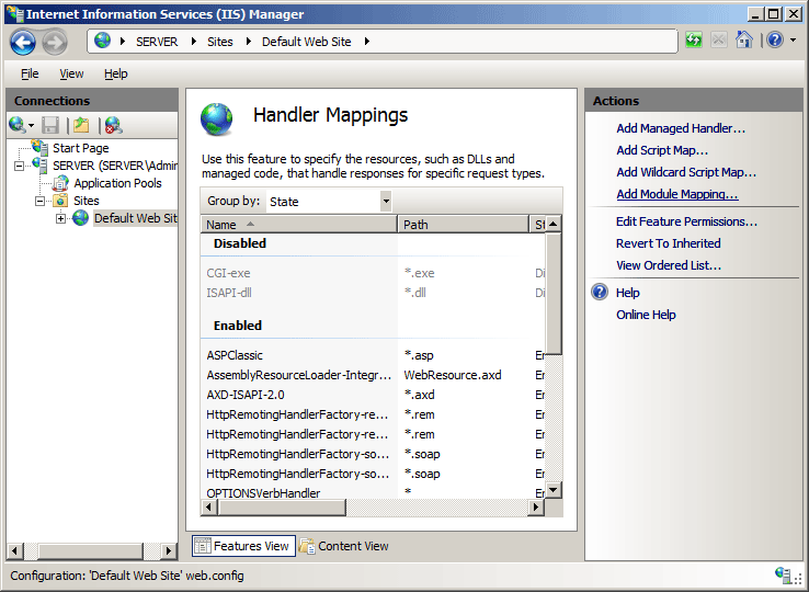 Screenshot of the I I S Manager window displaying the Handler Mappings page.