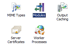 Screenshot of five icons titled MIME Types, Modules, Output Caching, Server Certificates, and Worker Processes. The icon titled Modules is highlighted.