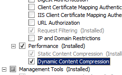 Screenshot that shows Dynamic Content Compression selected for Windows Server 2008.