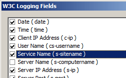Screenshot of the W three C Logging Fields dialog box. The checkboxes for Date, Time, Client I P Address, User Name, Service Name and Server I P Address are checked. Service Name is highlighted. 