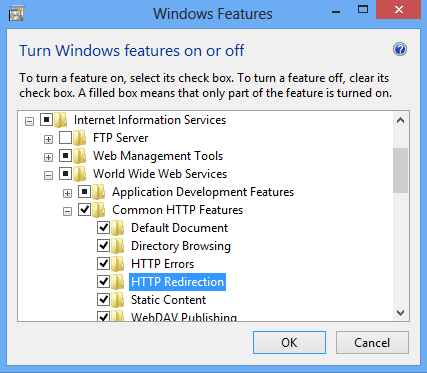 Screen shot of the Windows Features dialog box. H T T P Redirection is highlighted in the drop down menu.