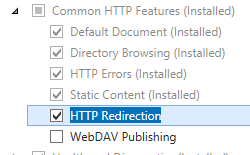Screenshot of the Server Roles page. H T T P Redirection is selected and highlighted.