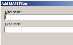 Screenshot of Add I S A P I Filter dialog box displaying Executable box and Filter name box.