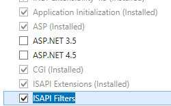 Screenshot of Web Server and Application Development Features node expanded with I S A P I Filters selected.