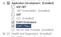 Screenshot of Application Development Features node expanded in Turn Windows features on or off page displaying I S A P I Filters selected.