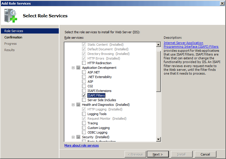Screenshot of I S A P I Filters selected in a Windows Server 2008 interface.