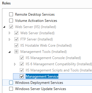 Screenshot of the Server Roles page with the Management Service option being highlighted.