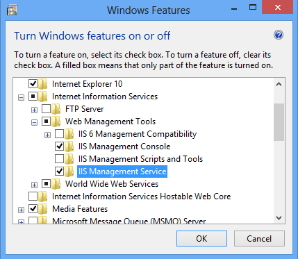 Screenshot of the Web Management Tools folder being expanded with the I I S Management Service folder being highlighted.