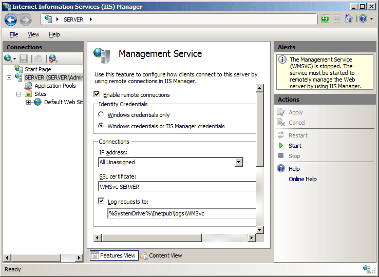 Screenshot of the Management Service screen with the Enable Remote connections option selected.