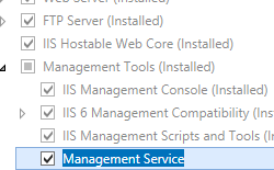 Screenshot that shows the Management Service selected in Windows Server 2012.
