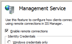Screenshot that shows the Management Service feature in the task bar. Enable remote connections is checked.