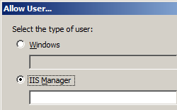 Screenshot of the Allow User dialog box with I I S Manager option being selected.