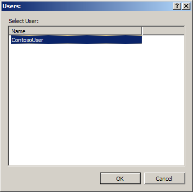 Screenshot of the Users Dialog box. Contoso User is highlighted in the Select User field.