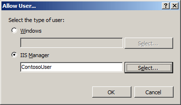 Screenshot of the Allow User dialog box with Contoso User displayed in the I I S Manager field. 