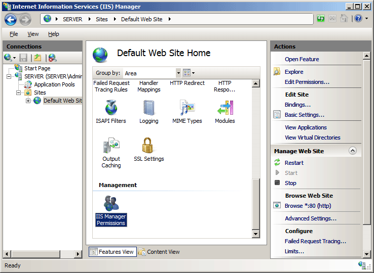 Screenshot of the Default Web Site Home page. The icon for I I S Manager Permissions is highlighted.