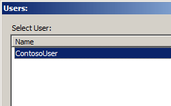 Screenshot that shows the Users dialog box. Contoso User is listed under Name.