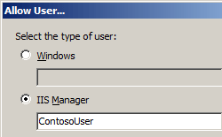 Screenshot that shows the Allow User dialog box. I I S Manager is selected and Contoso User is listed in the field.