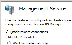 Screenshot of the I I S Management Service page. Enable remote connections is selected.