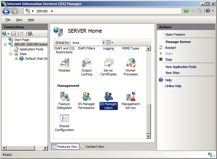 Screenshot of the Server Home pane with the I I S Manager Users option being highlighted.