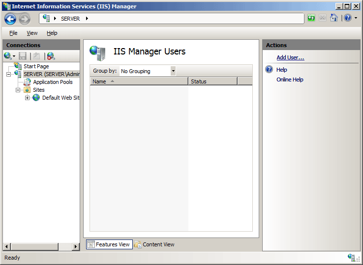 Screenshot of the I I S Manager Users page, showing the Add User option in the Actions pane.