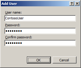 Screenshot of the Add User dialog box, showing the User name, Password, and Confirm password fields.