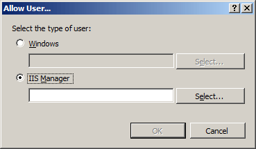 Screenshot of the Allow User dialog box with the I I S Manager option being selected.