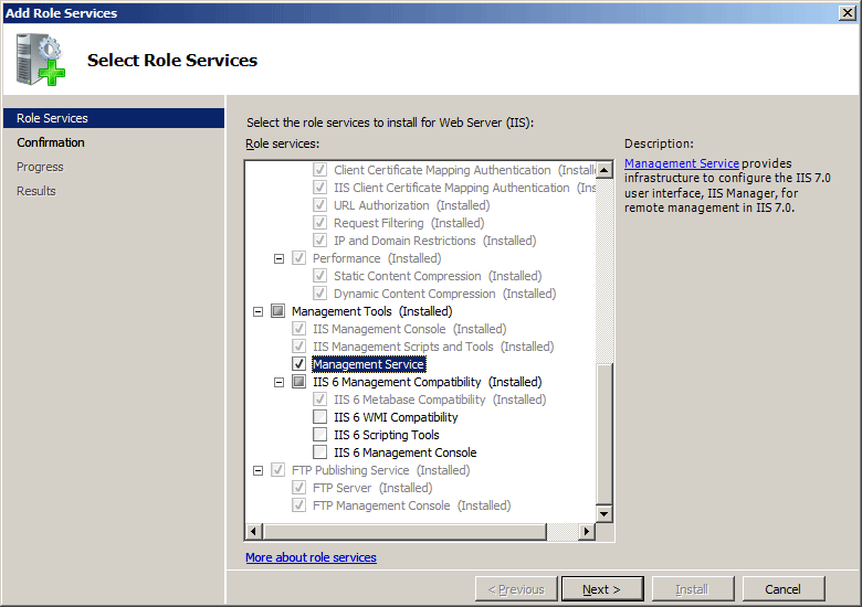 Screenshot of the Select Role Services page showing the Management Service option being highlighted and selected.