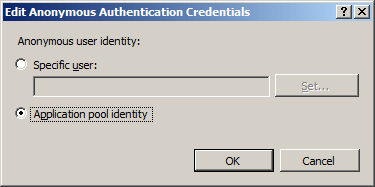 Screenshot of setting Anonymous user identity to Application pool identity.