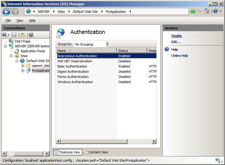Screenshot of Anonymous Authentication selected in the Authentication pane.