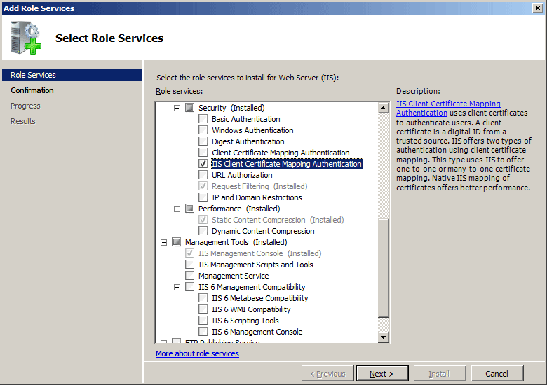 Screenshot of the Add Role Services Wizard with the I I S Client Certificate Mapping Authentication option being highlighted.