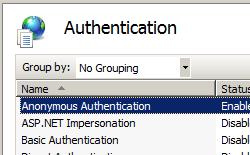 Screenshot that shows the Authentication pane. Anonymous Authentication is enabled and selected.