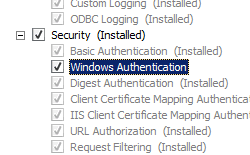 Screenshot displays Select Role Services page of Add Role Services Wizard with Security pane expanded and Windows Authentication selected.