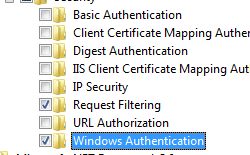 Screenshot shows World Wide Web Services and Security pane expanded with Windows Authentication highlighted.
