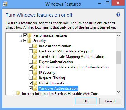 Screenshot of the Windows Authentication folder being selected and highlighted.