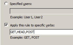 Image of Adding an Allow rule for all users for specific H T T P verbs dialog box showing verbs typed in the box for Apply this rule to specific verbs.