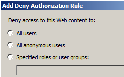 Image of dialog box for Add Deny Authorization Rule for a specific user for all H T T P verbs.