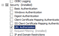 Screenshot of Security pane expanded in Select Role Services page of the Add Role Services Wizard with U R L Authorization selected.
