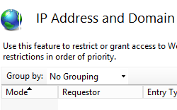 Screenshot that shows the I P Address and Domain Restrictions pane in the I I S Manager.