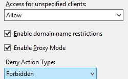 Screenshot of the Edit I P and Domain Restrictions Settings dialog box. Forbidden is selected for Deny Action Type.