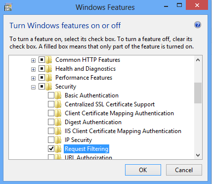 Screenshot of Request Filtering selected in a Windows 8 interface.