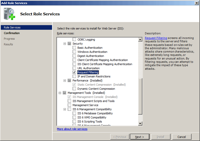 Screenshot of the Add Role Services Wizard displaying the Select Role Services page. Request Filtering is highlighted in the menu.