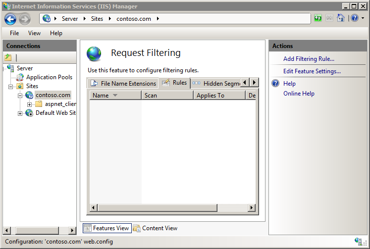 Screenshot of the I I S Manager window on the Request Filtering page.
